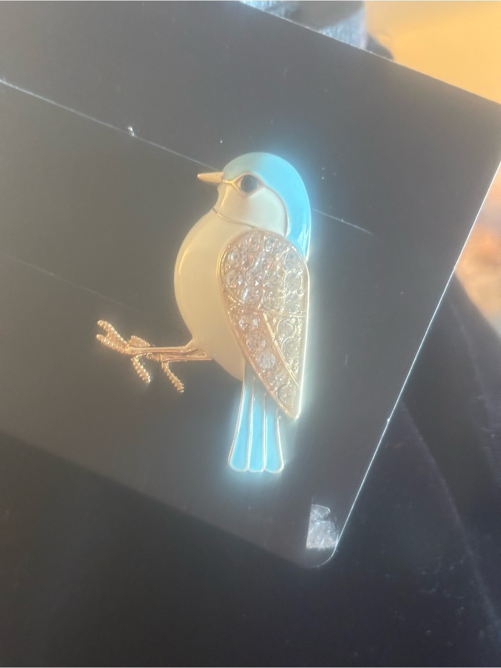 Blue and Cream Crystal Accent Bird Brooch - Brand: